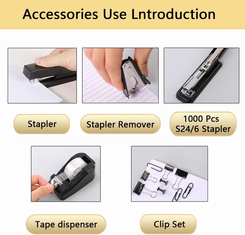 suniya Office Supplies,Desk Accessories,Tape Holder,Stapler,Scissor,Staple Remover,Box of Binder Clips,Staples,Ballpoint Pen,Lndex Tabs,Clear Tape,Office Supplies Set(Black) - Image 2